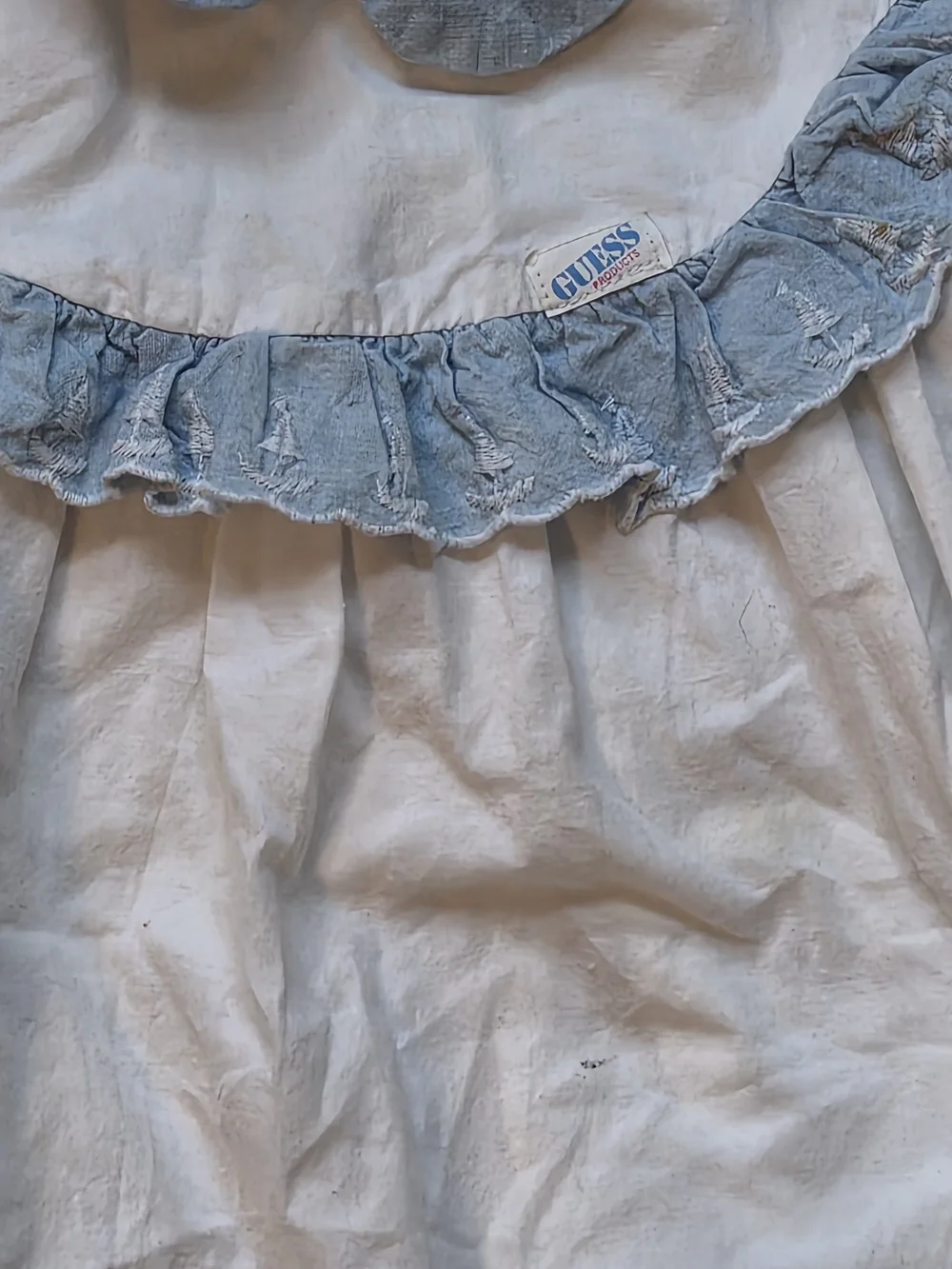 90s Vintage Guess by Marciano White Bubble Romper with Light Blue Ruffle Collar